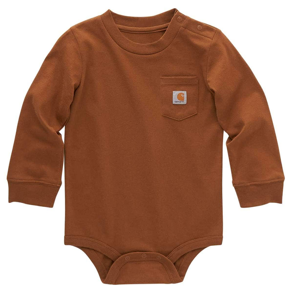 Carhartt Kids Long Sleeve Pocket Bodysuit — Brown-D15, product photograph
