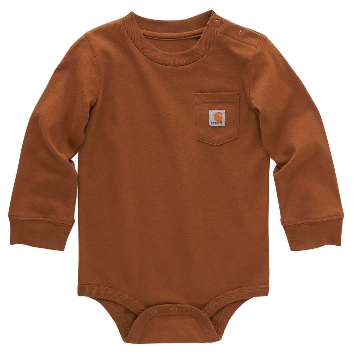 Carhartt Kids Long Sleeve Pocket Bodysuit — Brown-D15, product photograph