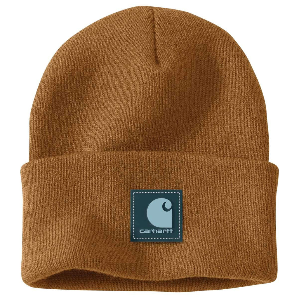 Carhartt Knit Rubber Patch Beanie — BF7-Carhartt Brown/Dark Harbor Teal, manufacturer product photo