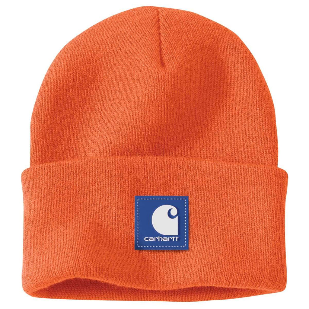 Carhartt Knit Rubber Patch Beanie — BOG-Brite Orange, manufacturer product photo