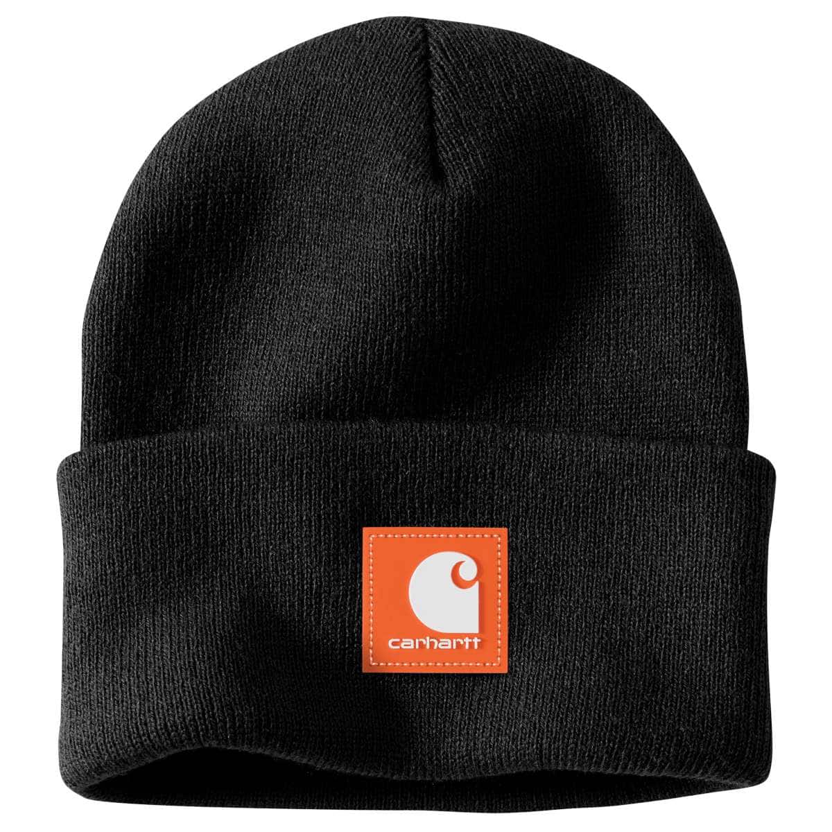 Carhartt Knit Rubber Patch Beanie — N63-Black/Worksite Orange, manufacturer product photo