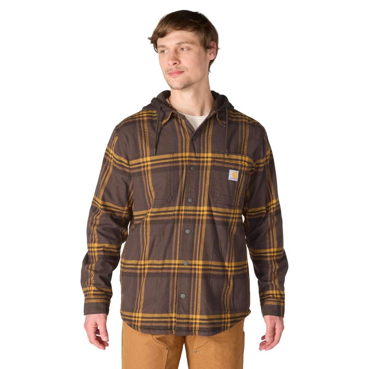 Carhartt Rugged Flex™ Relaxed Fit Flannel Fleece Lined Hooded Shirt Jac — DKB-Dark Brown, manufacturer product photo