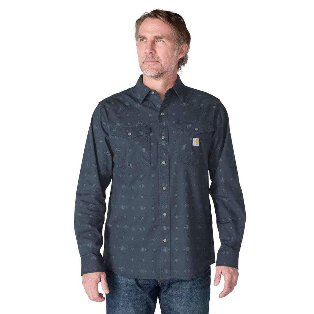 Carhartt Montana Rugged Flex™ Relaxed Fit Lightweight Long-Sleeve Snap-Front Plaid Shirt 26' — HX3-Deep Smoke Geo Print, manufacturer product photo